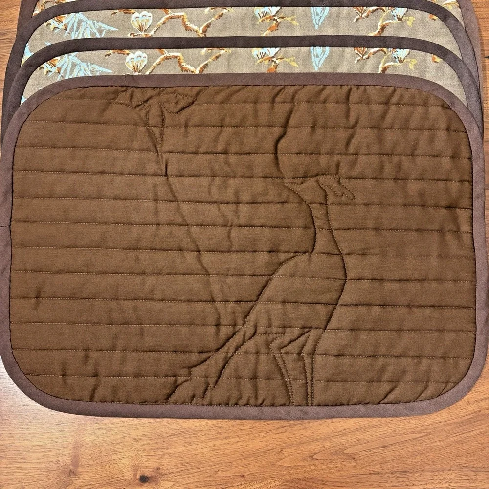Vintage 70s Quilted Placemats Set of 7 Peacock Brown Asian Chinoiserie Fabric